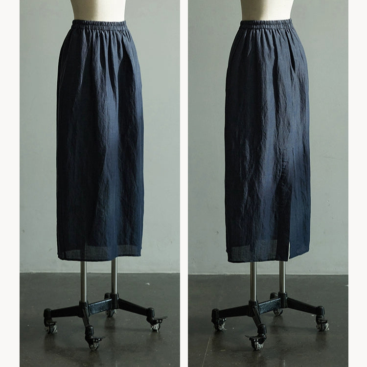 Lan Su 蓝溯 Tracing Blue New Chinese Style Summer Tencel Linen Qipao Top & Skirt Set