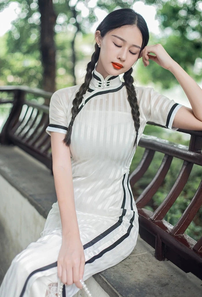 Shanghai 上海 1930s Poster Reproduction Sheer White Striped Qipao