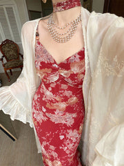 Tumi 荼靡 Bitter Herb New Chinese Style Summer Mermaid Floral Dress & Lace Cardigan Set