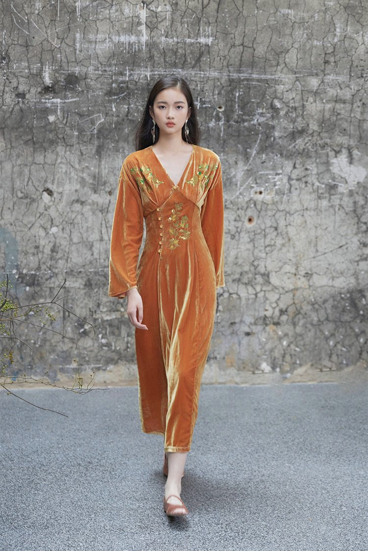 Ci Xiu 刺绣 Osmanthus Embroidery New Chinese Style Velvet Midi Dress