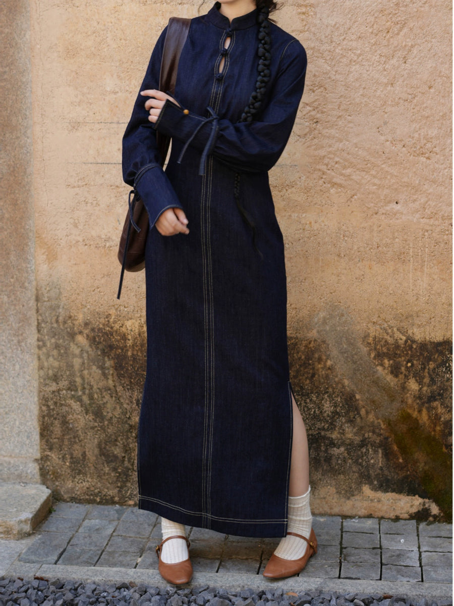 Lan Diao 蓝调 Everyday Blues Modernized Cotton Denim Long Sleeve Qipao