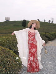 Tumi 荼靡 Bitter Herb New Chinese Style Summer Mermaid Floral Dress & Lace Cardigan Set
