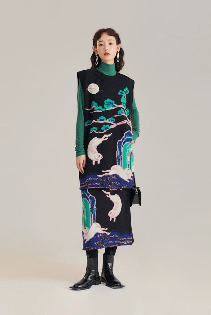 Xi Nao 嬉闹 Frolicking Rabbits New Chinese Style Knit Sweater Vest