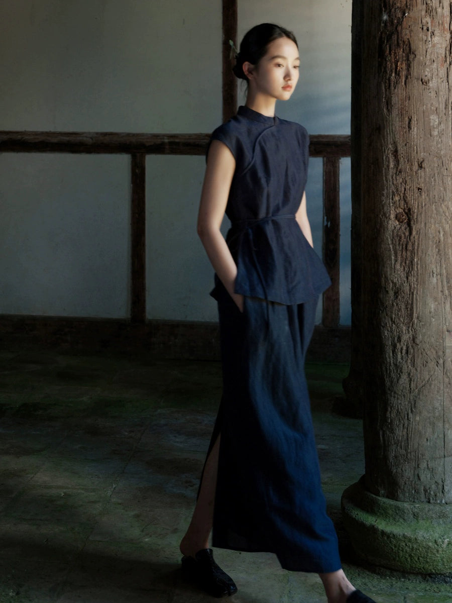 Lan Su 蓝溯 Tracing Blue New Chinese Style Summer Tencel Linen Qipao Top & Skirt Set