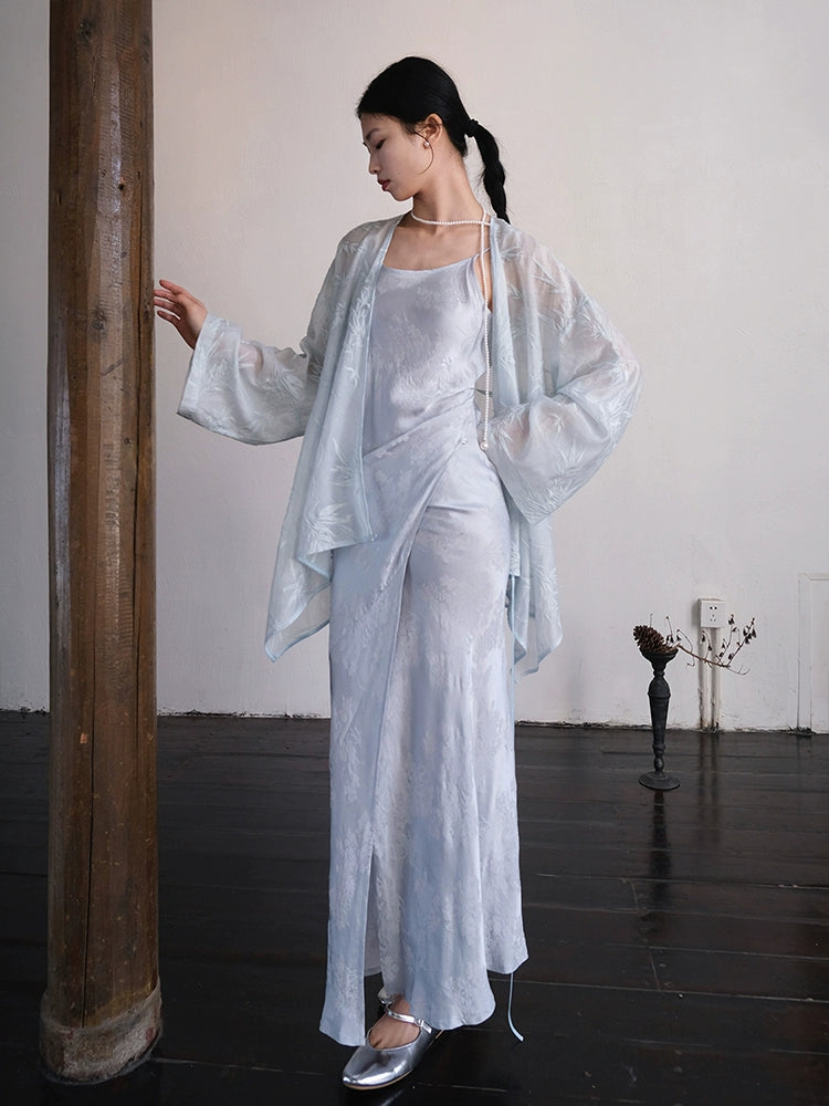Yushu Luo 玉黍螺 Periwinkle New Chinese Style Bias Cut Satin Jacquard Two-Way Dress