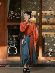 Jixin 鸡心 Chicken Heart Modernized Tang Song Tencel Denim Trousers & Tanling Scoop Shirt Set