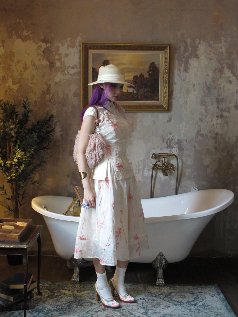 Coconut Grove 满幅椰林 New Chinese Style Embroidered Flamingo Qipao Top & Midi Skirt Set