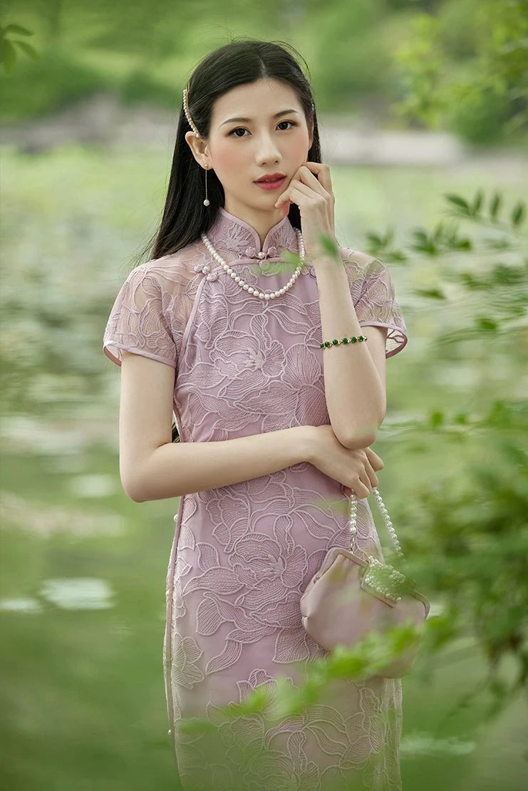 Yue 月 Moon 1920s Inspired Floral Lace Sheer Qipao