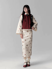 Tian Jiu 甜酒 Sweet Wine Modern Brocade Fleece Lined Long Sleeve Qipao & Fur Bijia Vest Set