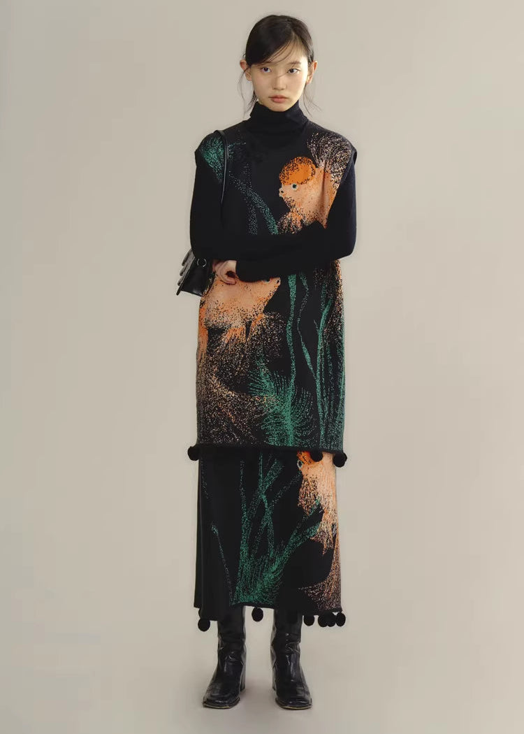 Zhuanyun Xiaoli 转运小鲤 Little Lucky Carp New Chinese Style Knit Top & Skirt Set