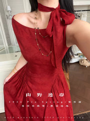 Luori Meigui 落日玫瑰 Sunset Rose New Chinese Style Sleeveless Vintage Boat Neck Flared Dress