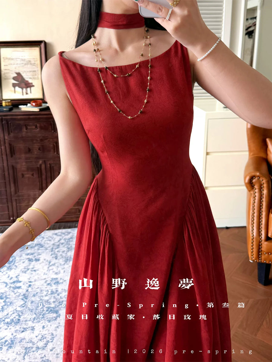 Luori Meigui 落日玫瑰 Sunset Rose New Chinese Style Sleeveless Vintage Boat Neck Flared Dress