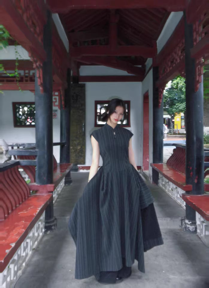 Wednesday 星期三 New Chinese Style Pinstripe Square Skirt Victorian Qipao Dress