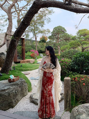 Tumi 荼靡 Bitter Herb New Chinese Style Summer Mermaid Floral Dress & Lace Cardigan Set