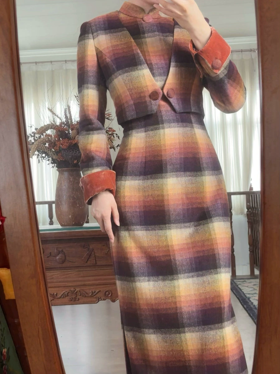 Lunyi Caocha 薰衣草茶 Lavender Tea 1940s Inspired Plaid Cashmere Wool Qipao & Cropped Blazer Set