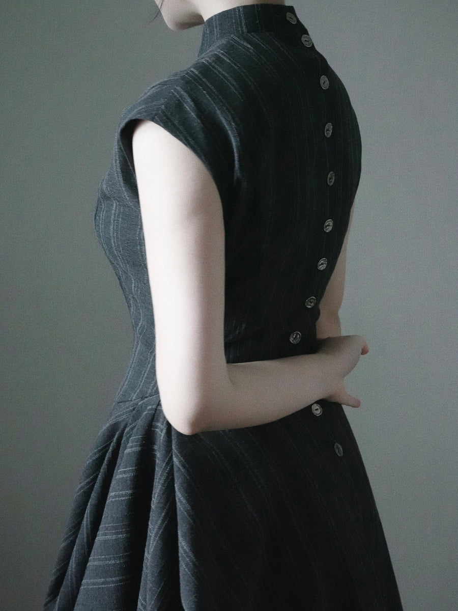 Wednesday 星期三 New Chinese Style Pinstripe Square Skirt Victorian Qipao Dress