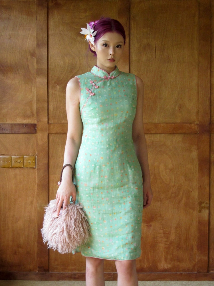 Xin Xian 新鲜 Fresh Greens New Chinese Style Pure Ramie Midi Sleeveless Qipao
