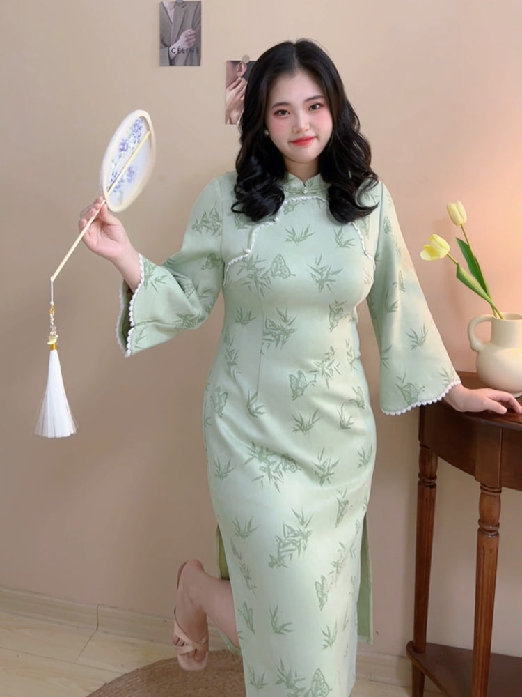 Ye Ruo 叶若 Fresh Bamboo Shoots 1920s Inspired Plus Size Scallop Sleeve Qipao