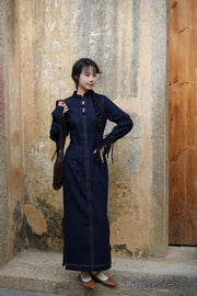 Lan Diao 蓝调 Everyday Blues Modernized Cotton Denim Long Sleeve Qipao