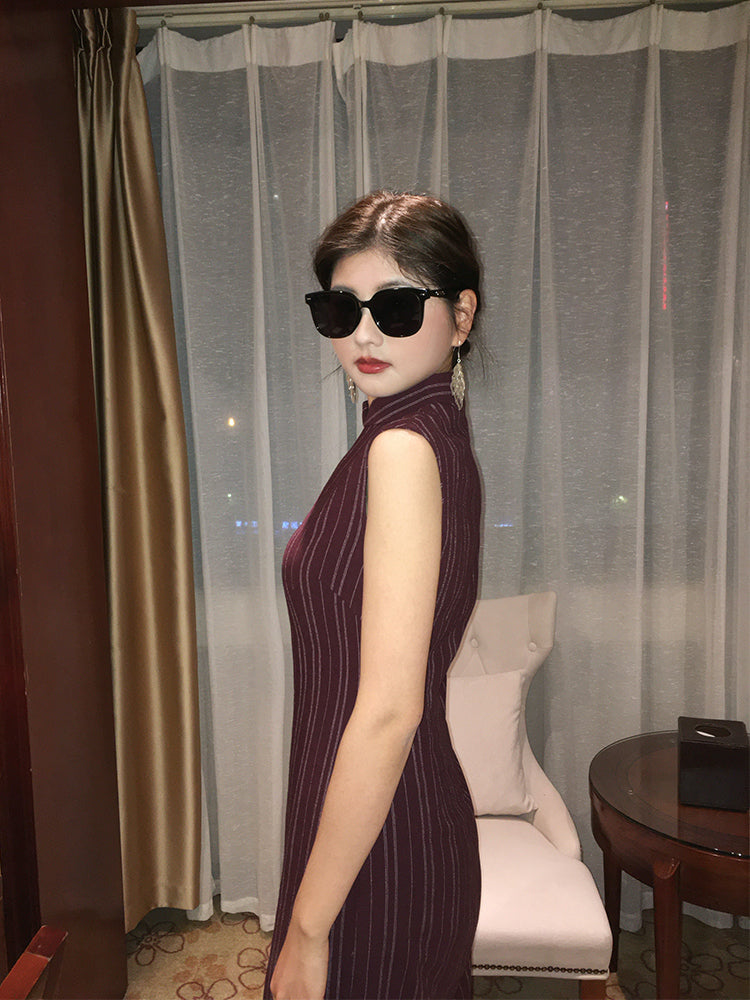 Jin Ling 金陵 Golden Hill Republic of China Maroon Stripe Pure Cotton Sleeveless Qipao