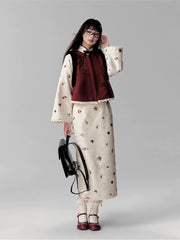 Tian Jiu 甜酒 Sweet Wine Modern Brocade Fleece Lined Long Sleeve Qipao & Fur Bijia Vest Set