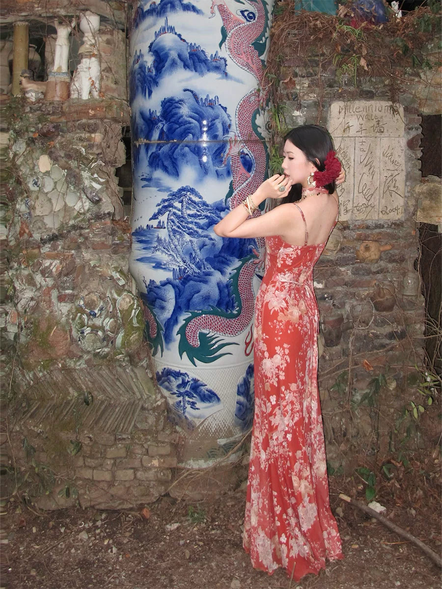 Tumi 荼靡 Bitter Herb New Chinese Style Summer Mermaid Floral Dress & Lace Cardigan Set