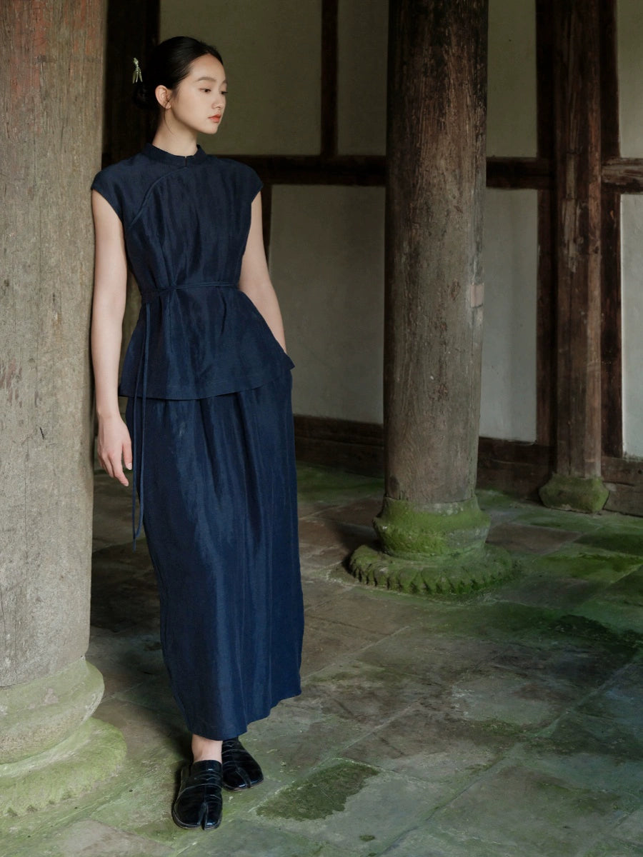 Lan Su 蓝溯 Tracing Blue New Chinese Style Summer Tencel Linen Qipao Top & Skirt Set