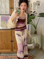 Zhen 薽 Orchid Neo Chinese Painted Flower Knit Skirt