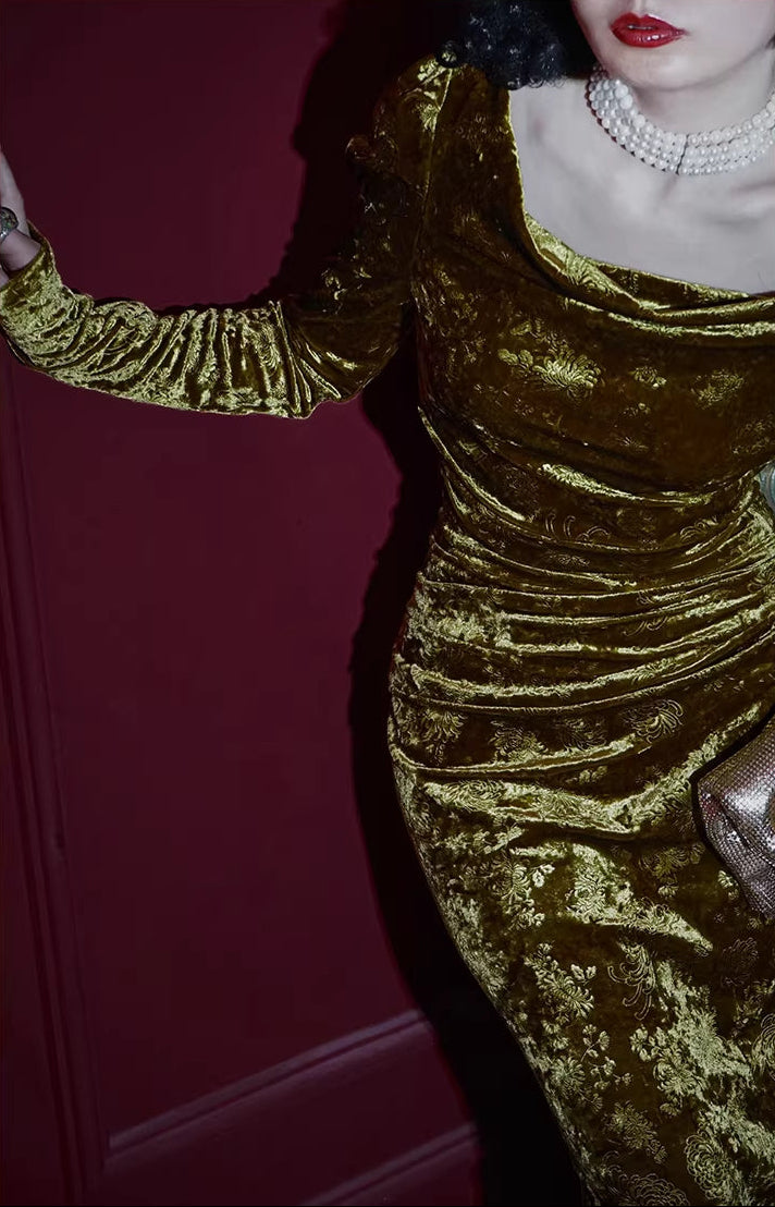 Liu Guang 鎏光 Flowing Light New Chinese Style Velvet Long Sleeve Dress