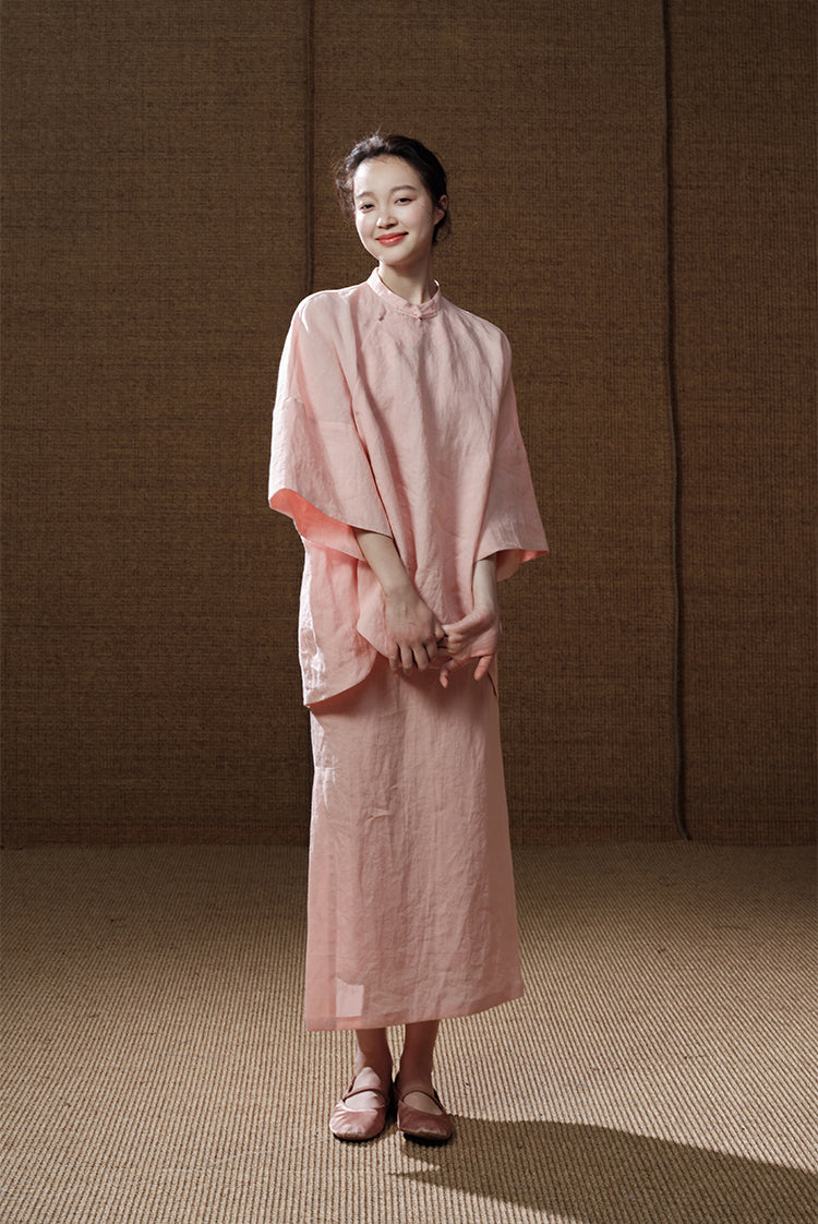 Bei Ke 贝壳 Seashells New Chinese Style Summer Ramie Qipao Top & Skirt Set
