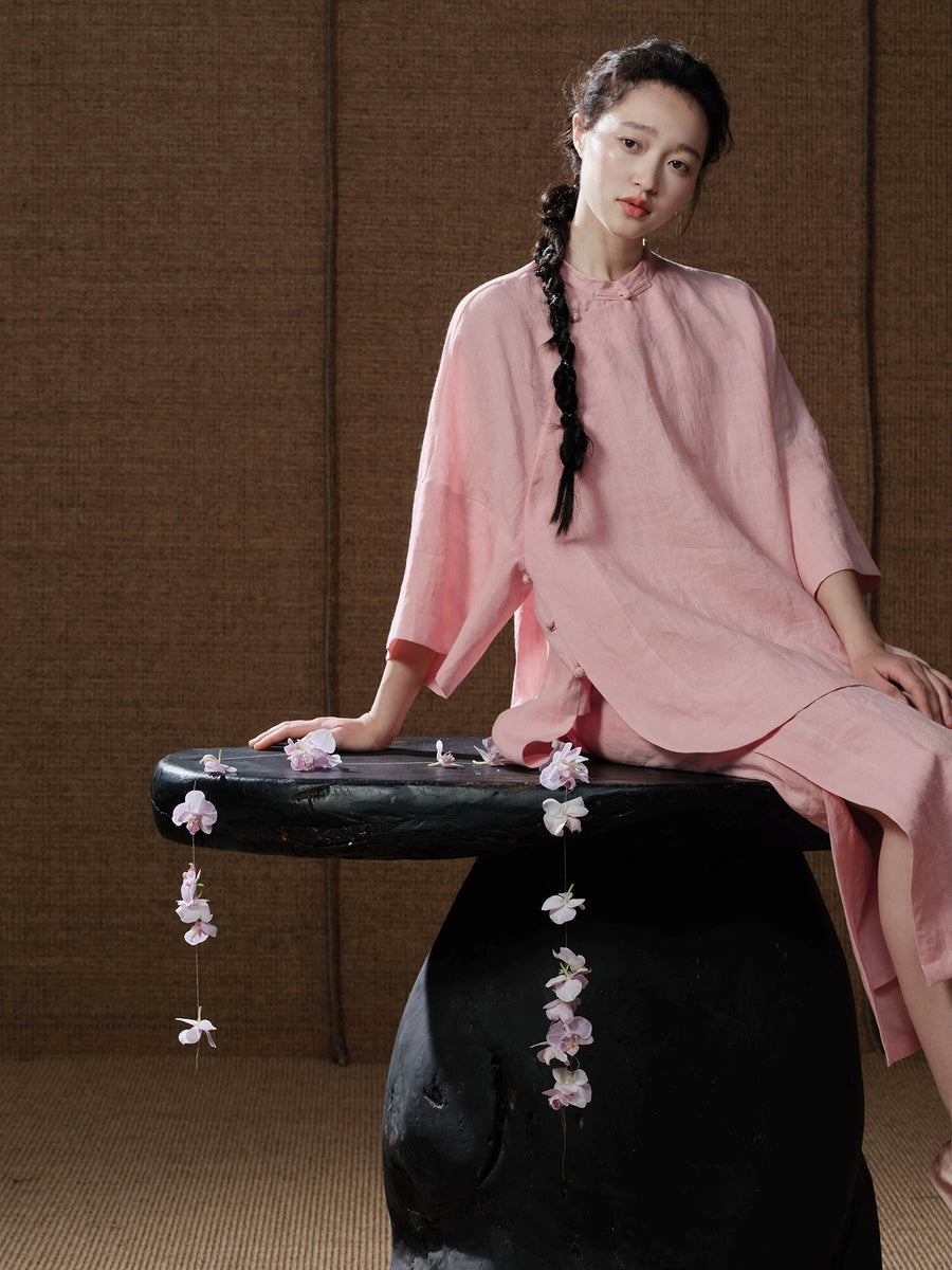 Bei Ke 贝壳 Seashells New Chinese Style Summer Ramie Qipao Top & Skirt Set