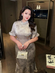 Yue E' 月蛾 Moon Moth Plus Size Modernized Pearl Trumpet Skirt Butterfly Sleeve Qipao