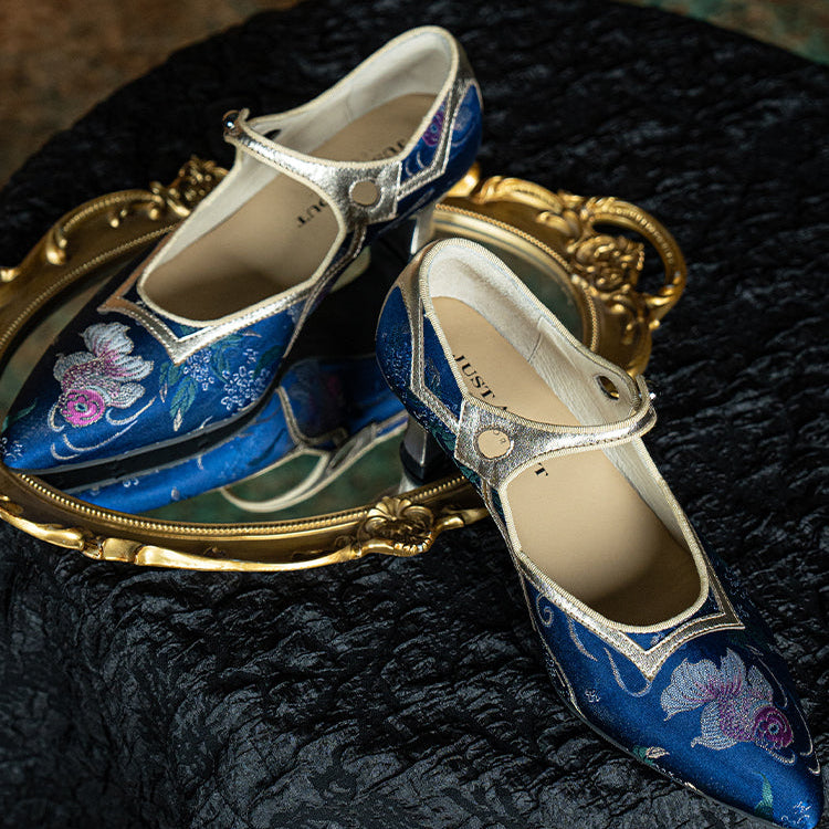 Jinbu Fa 锦步伐 Graceful Pace 1930s Brocade Satin Point Toe Mary Jane Kitten Heels