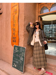 Chang Lü 常绿 Evergreen Modernized Ming Plus Size Wool Round Collar Coat & Plaid Easy Wear Mamian Skirt Set