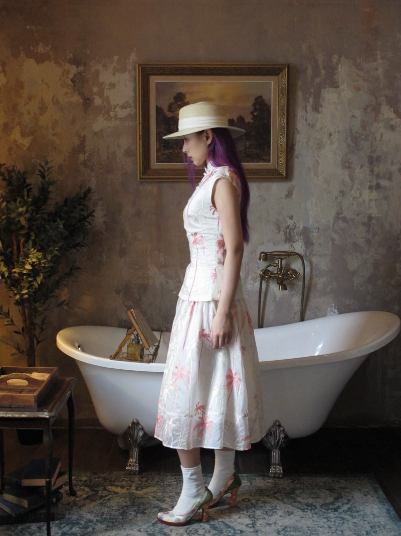 Coconut Grove 满幅椰林 New Chinese Style Embroidered Flamingo Qipao Top & Midi Skirt Set