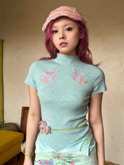 Fei Yan 飞燕 Flying Sparrow New Chinese Style Knit Short Sleeve Turtleneck Top