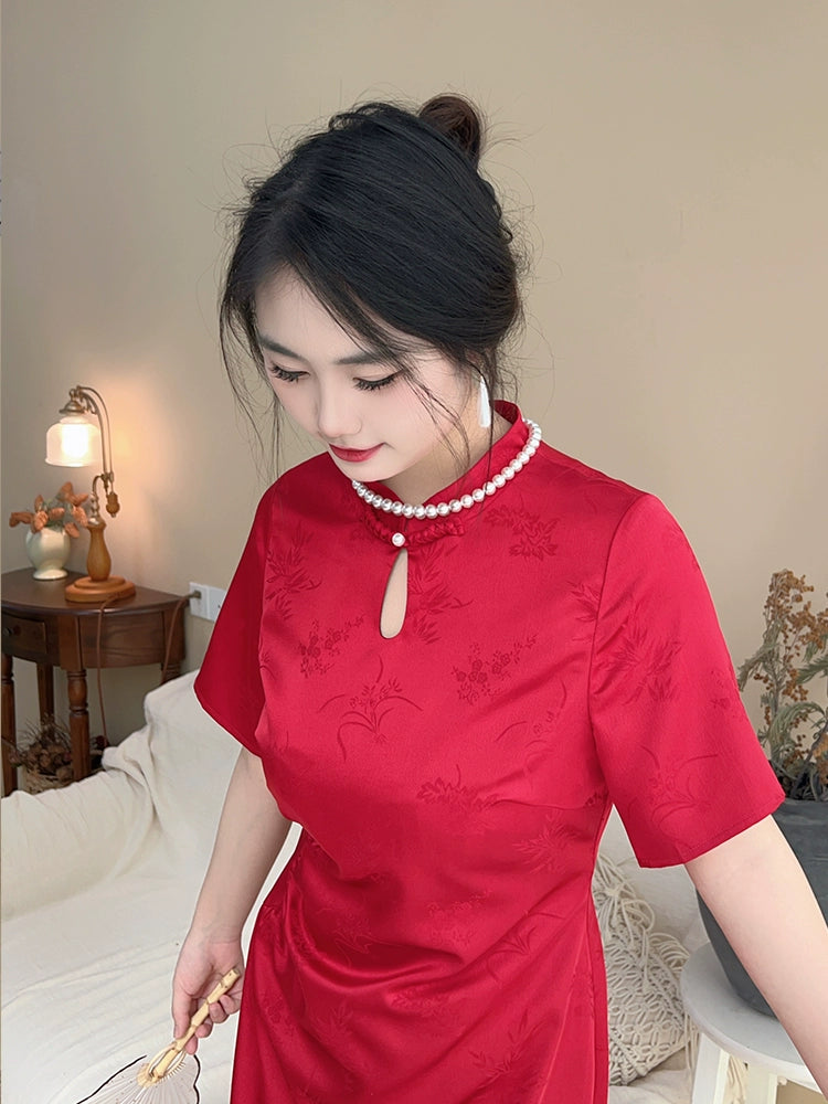 Hong Zhuang 红妆 Red Makeup Plus Size New Chinese Style Ruched Satin Qipao