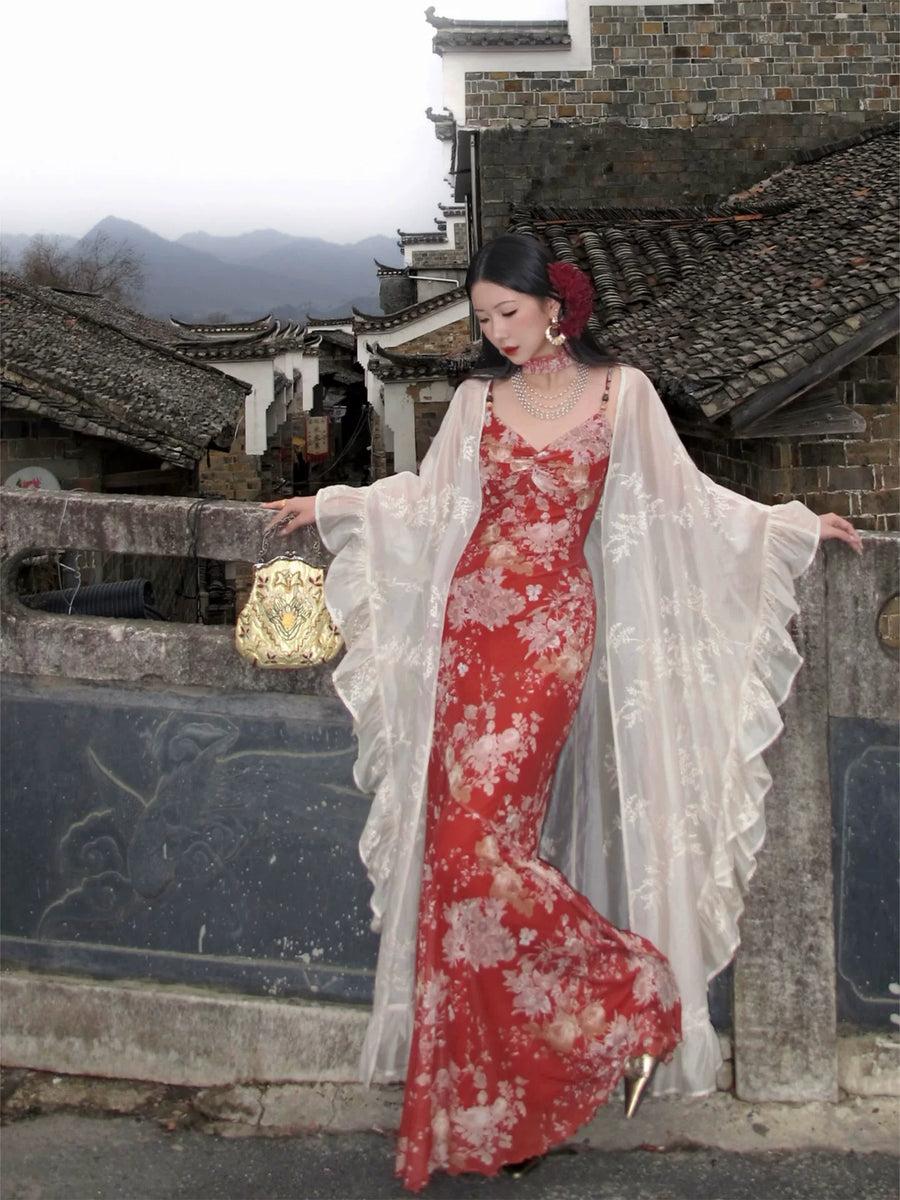 Tumi 荼靡 Bitter Herb New Chinese Style Summer Mermaid Floral Dress & Lace Cardigan Set
