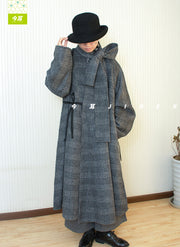 Hui Ge 灰格 Gray Grid Modernized Early Ming Sheep's Wool Tweed Coat & Cotton Denim Trousers