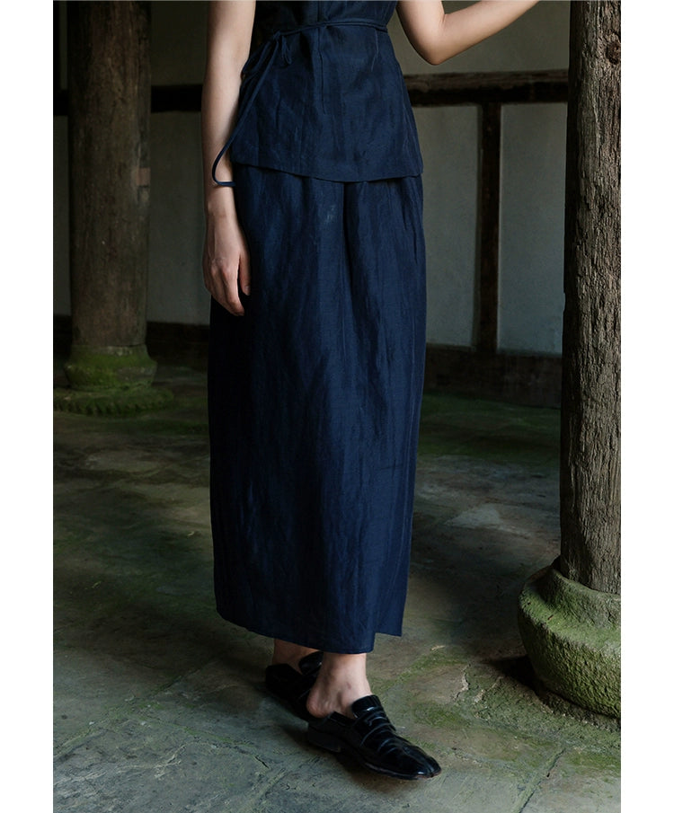 Lan Su 蓝溯 Tracing Blue New Chinese Style Summer Tencel Linen Qipao Top & Skirt Set