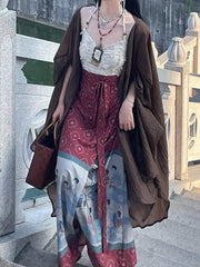 Gen Gu 亘古 Eternity New Chinese Style Printed Painting Wrap Skirt & Cotton Linen Tank Top Set