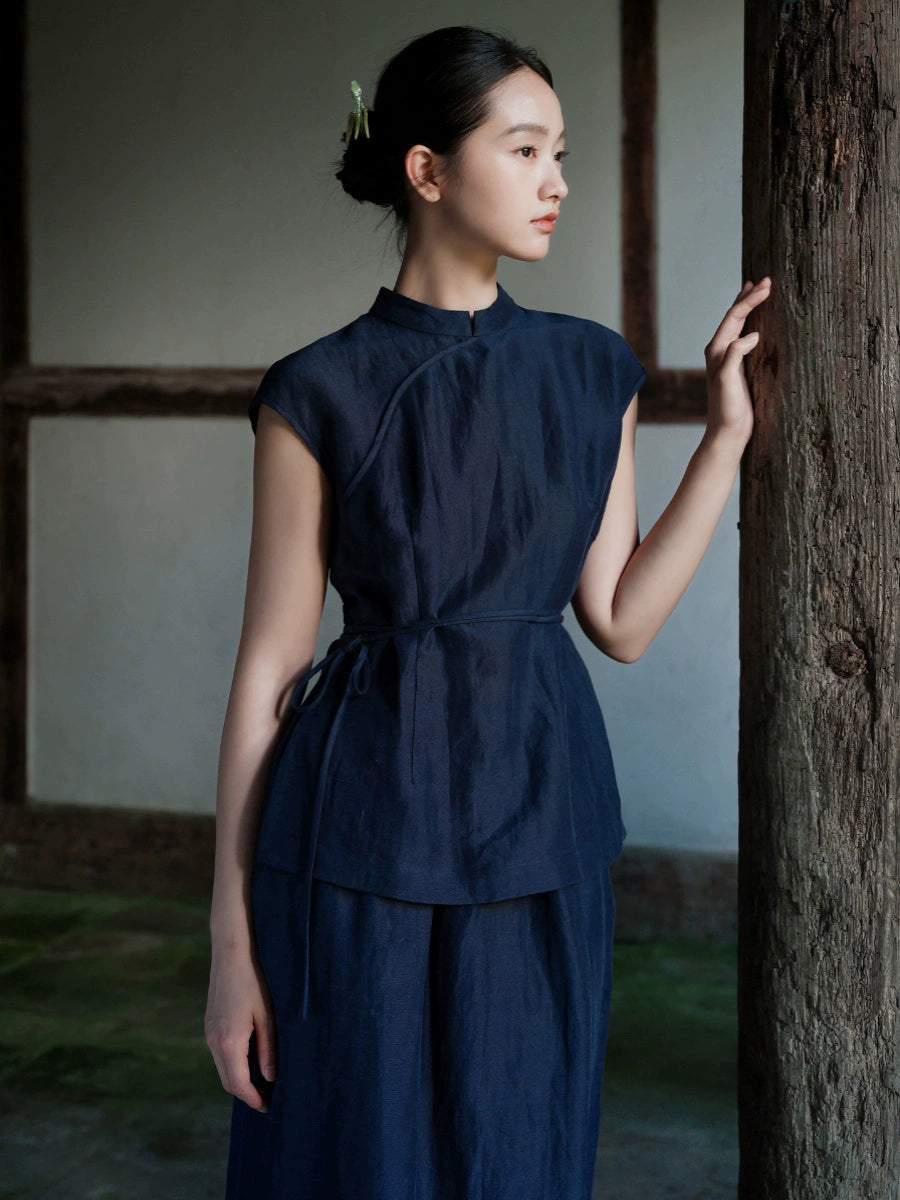 Lan Su 蓝溯 Tracing Blue New Chinese Style Summer Tencel Linen Qipao Top & Skirt Set