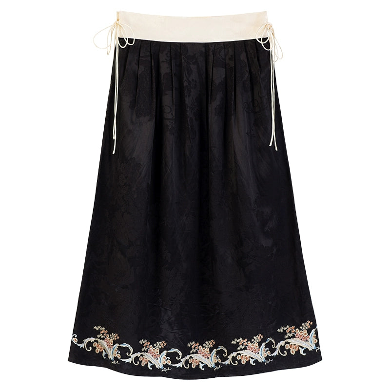 Manye Roujuan 蔓叶柔卷 Unfurling Leaves 1920s Jacquard Satin Embroidered Maxi Skirt