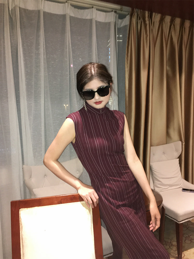 Jin Ling 金陵 Golden Hill Republic of China Maroon Stripe Pure Cotton Sleeveless Qipao