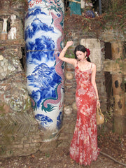 Tumi 荼靡 Bitter Herb New Chinese Style Summer Mermaid Floral Dress & Lace Cardigan Set