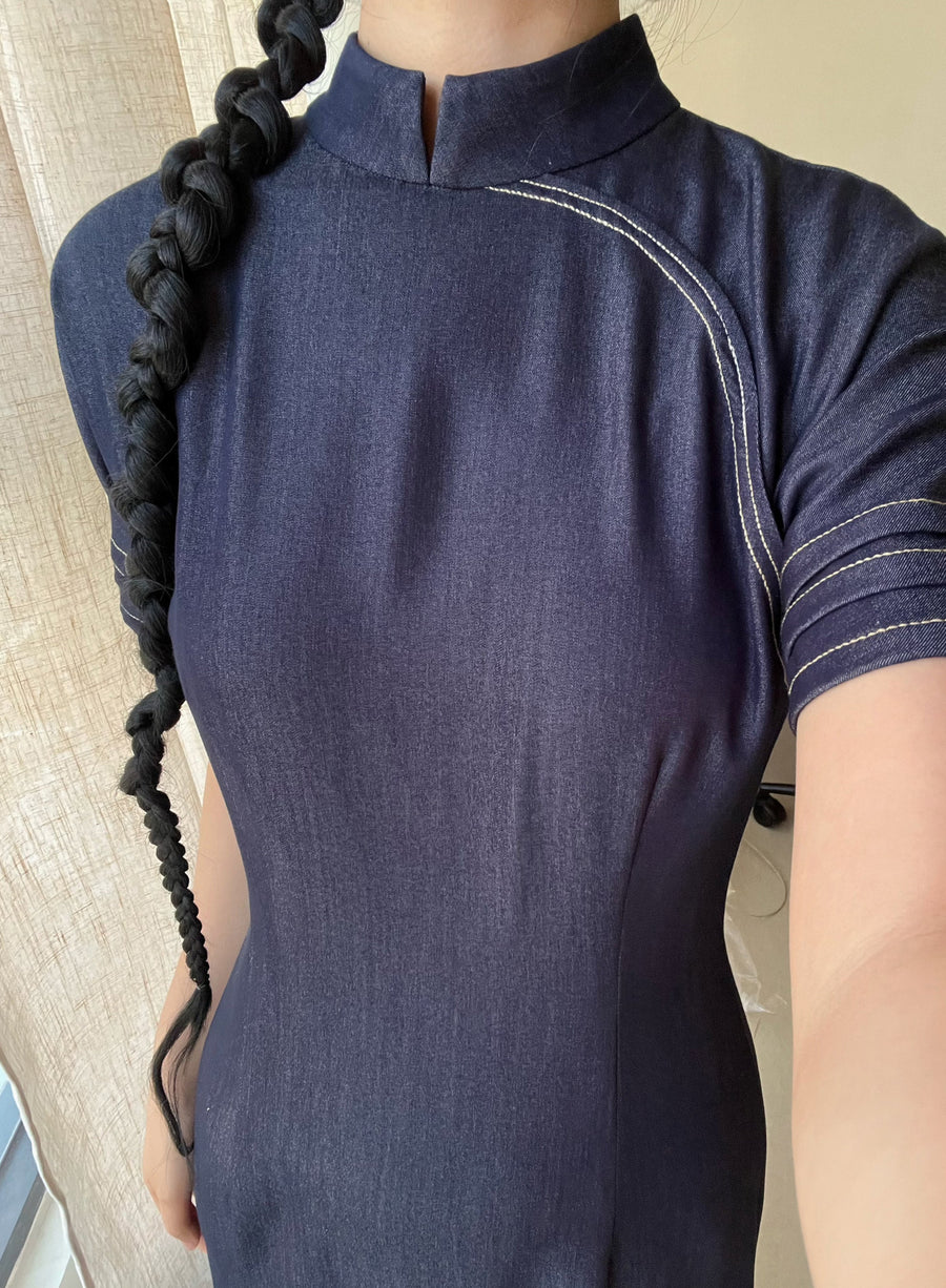 Shuo Ye 朔夜 New Moon Night Modernized Cotton Denim Short Sleeve Qipao