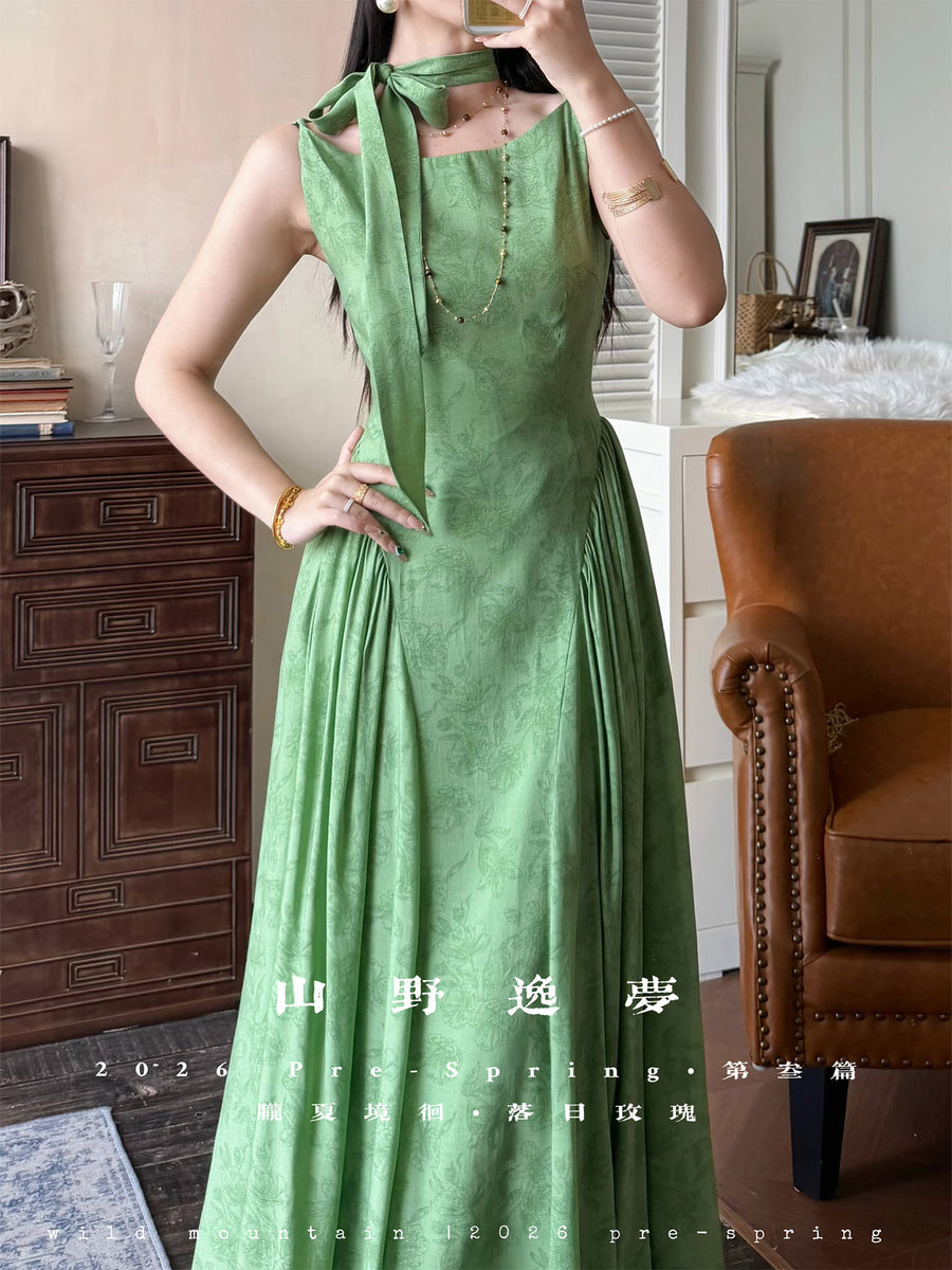 Huanghun Meigui 黄昏玫瑰 Dawn Rose New Chinese Style Sleeveless Vintage Boat Neck Flared Dress