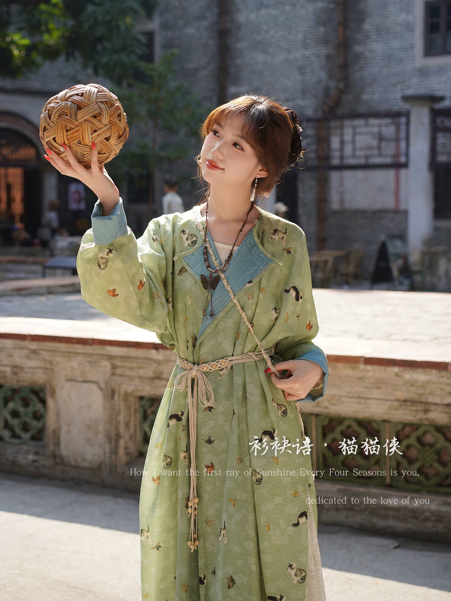 Maomao 猫猫 Kitten Modernized Tang Dynasty Cat Print Yuanlingpao Round Collar Robe