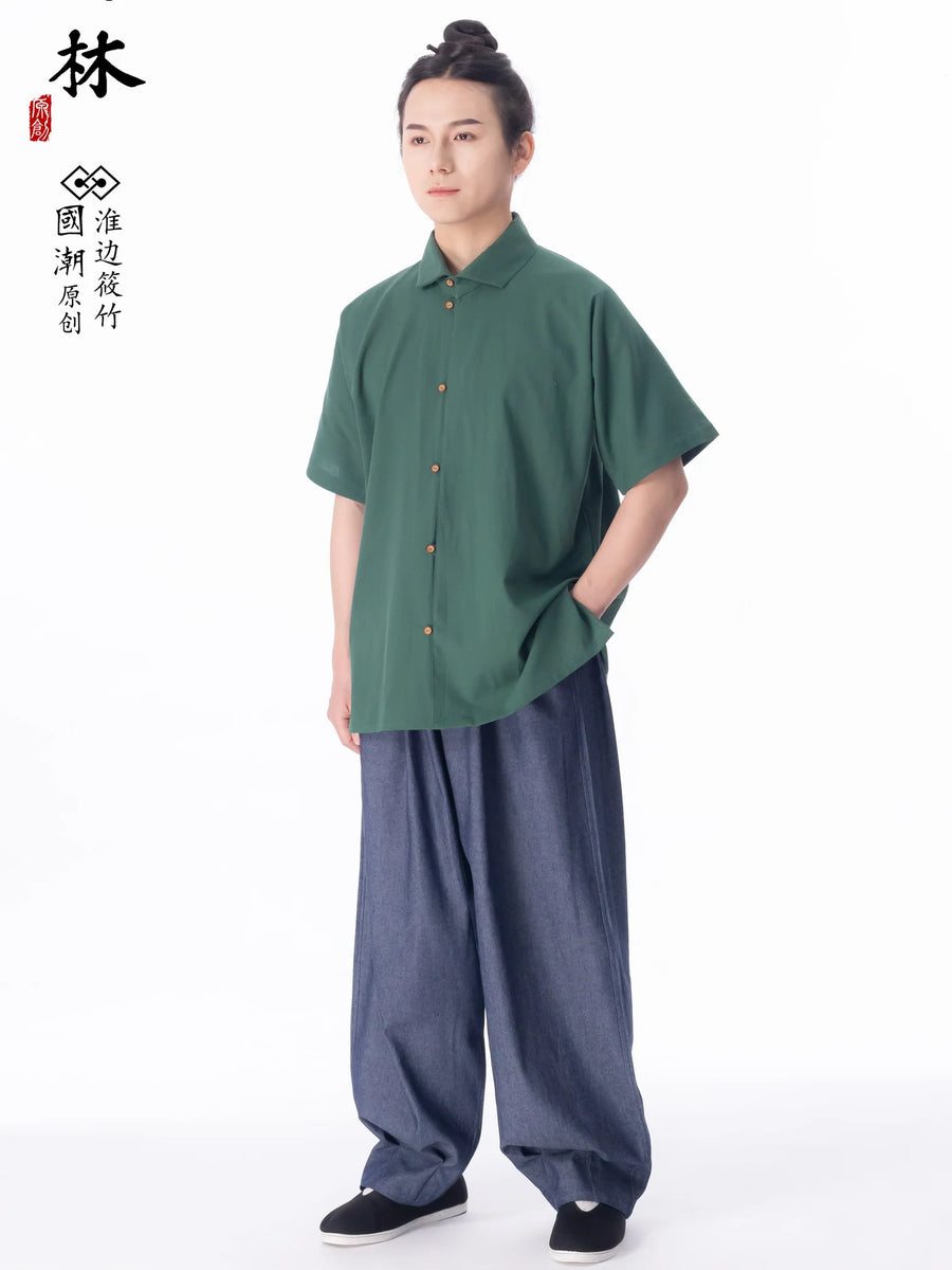 Fu Zhou 符咒 Talisman Modernized Men's Hanfu Denim Wide Leg Pleated Ankle Pants