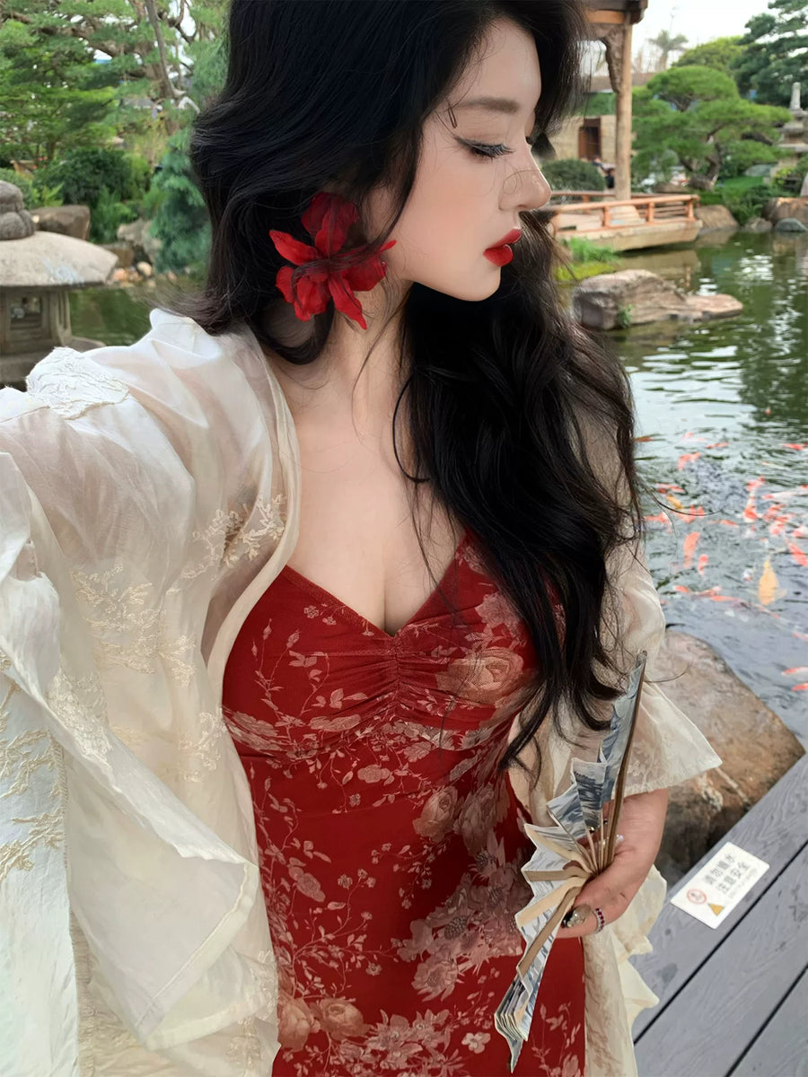Tumi 荼靡 Bitter Herb New Chinese Style Summer Mermaid Floral Dress & Lace Cardigan Set